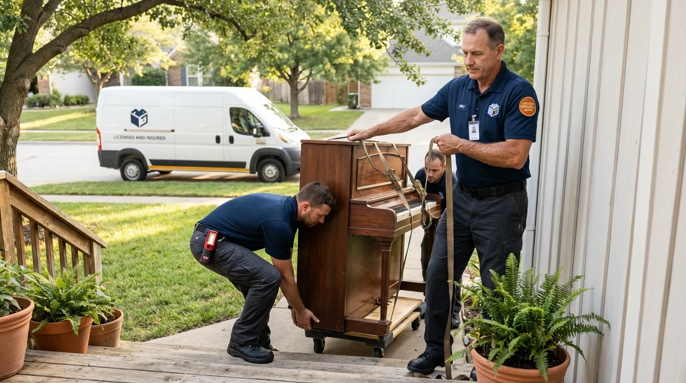 Licensed piano movers securing grand piano in Winterville, GA