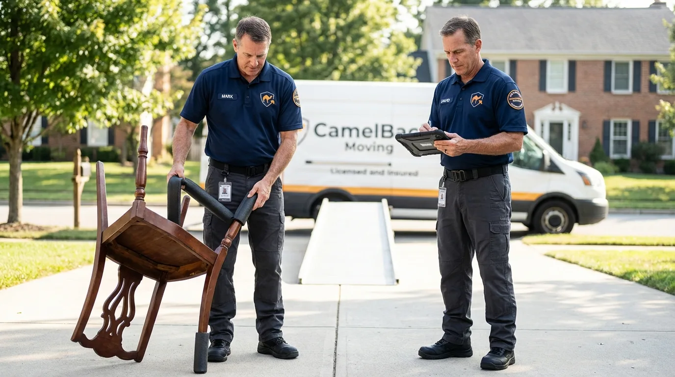 Movers inspecting furniture for damage prevention before loading in Winterville, GA