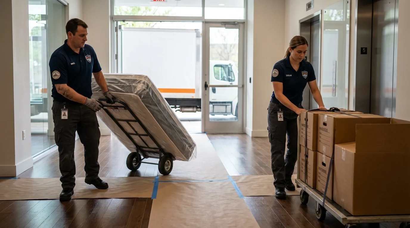 Professional apartment movers loading elevator in Winterville, GA